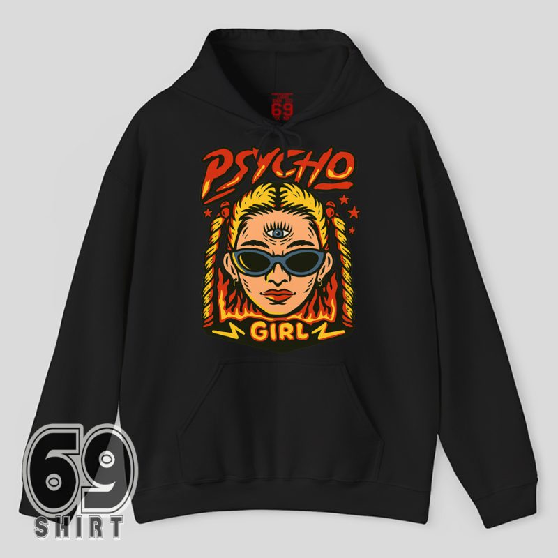 Retro comic-style illustration of a fierce girl with flames, braids, sunglasses, and a third eye on the forehead, with bold text reading “Psycho Girl.”
