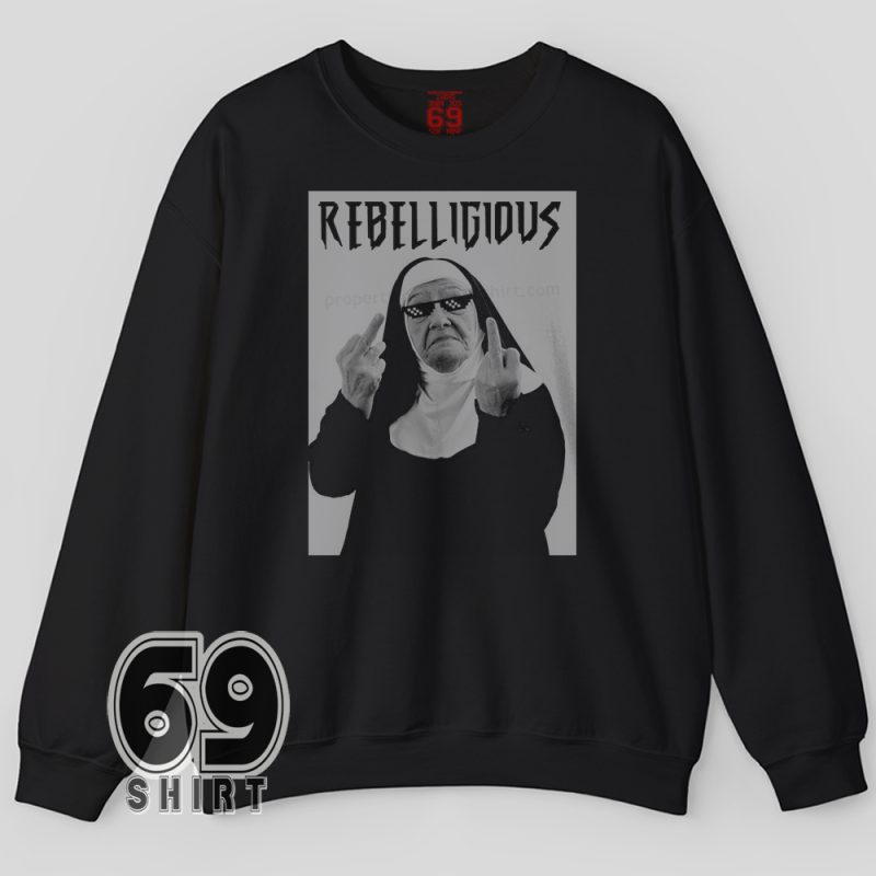 Bold Rebelligious nun flipping off in grayscale parody print