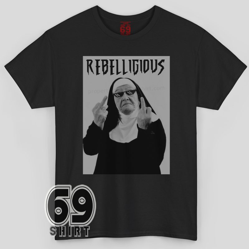 Rebel nun flipping off in meme-style design with “Rebelligious” text on graphic tee