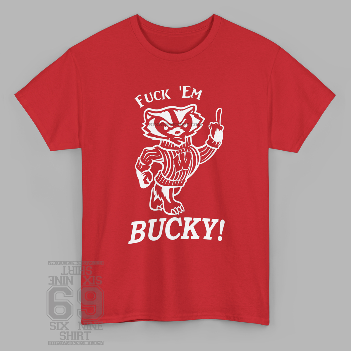Red Vintage 80s Wisconsin Fuck Em Bucky Retro College Mascot Rebel Tee