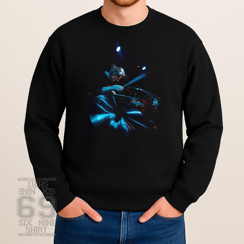 printed sweatshirt Photo-realistic image of a fierce cat playing drums on stage under dramatic blue and red lighting, Sabian cymbal in the foreground