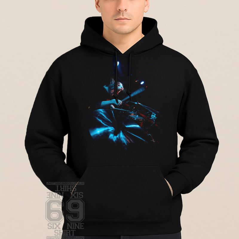 Photo-realistic image of a fierce cat playing drums on stage under dramatic blue and red lighting, Sabian cymbal in the foreground printed hoodie