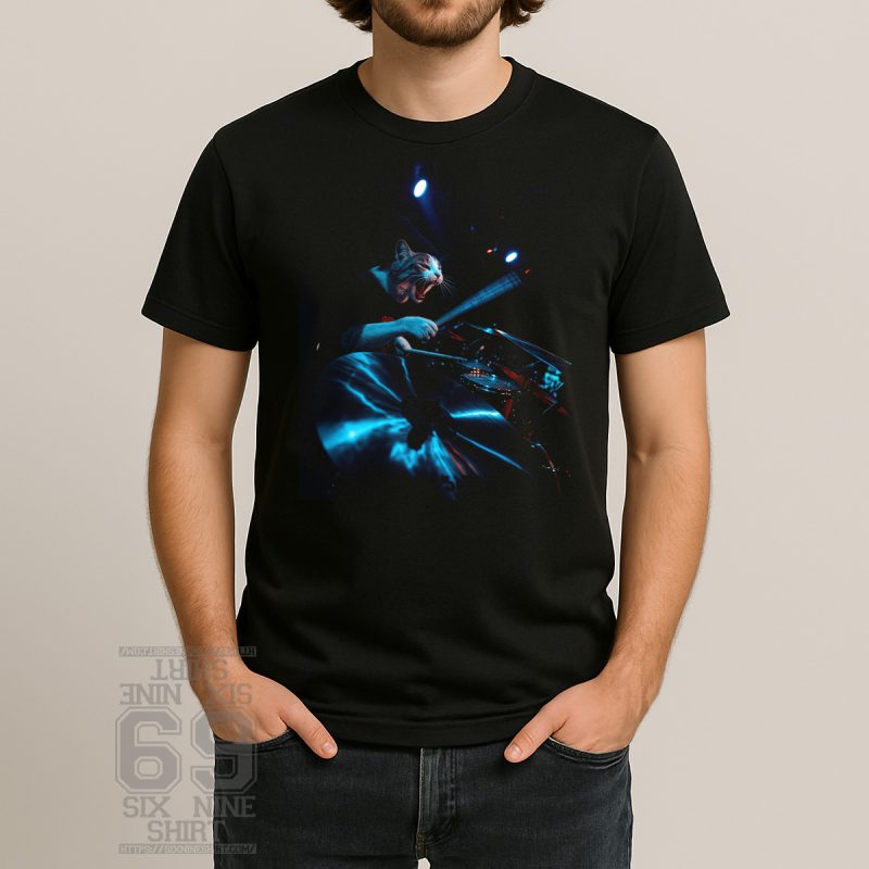 Photo-realistic image of a fierce cat playing drums on stage under dramatic blue and red lighting, Sabian cymbal in the foreground Printed On Men Tee