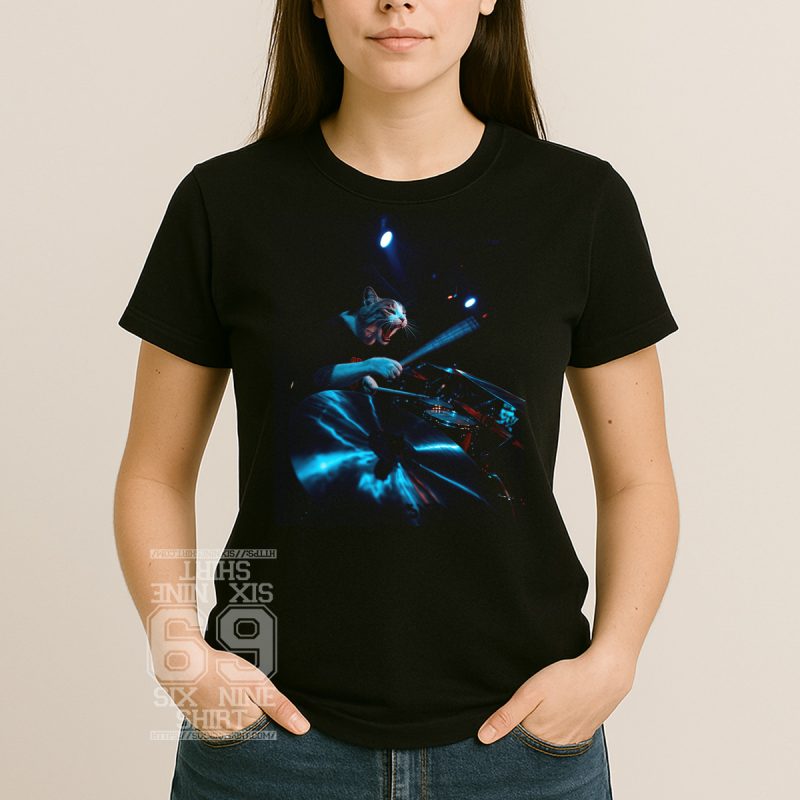 wone shirt with design Photo-realistic image of a fierce cat playing drums on stage under dramatic blue and red lighting, Sabian cymbal in the foreground
