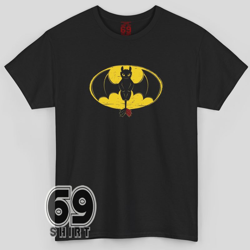 A black silhouette of Toothless the dragon sitting inside a distressed yellow Batman logo, with spread wings and red prosthetic tail fin.