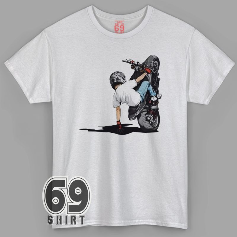 motorcycle graphic tee, biker shirt, street stunt rider, moto t-shirt, extreme sports tee, wheelie shirt, urban biker fashion, drift bike tee, adrenaline graphic tee