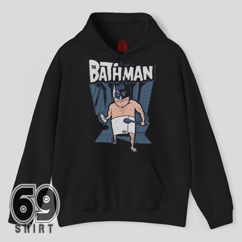 The Bathman hoodie – hilarious superhero parody design with towel and loofah – warm and funny hoodie for nerds and fans