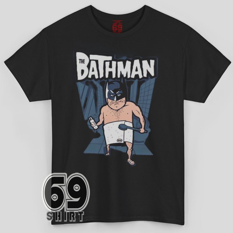 The Bathman funny parody t-shirt – cartoon superhero in towel with shower brush – novelty comic shirt for men and women