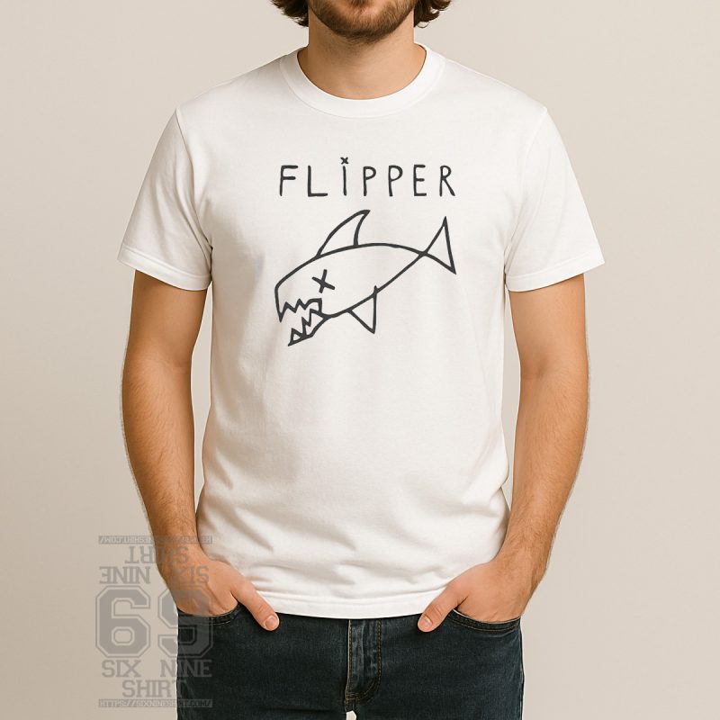 Vintage black t-shirt with hand-drawn white shark logo and the word “FLIPPER” above it, styled like the shirt Kurt Cobain famously wore in the 90s.