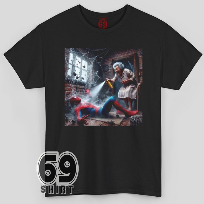 A funny comic-style shirt showing a furious elderly woman spraying Spider-Man with bug spray inside a cobweb-filled room. Hilarious superhero parody design.