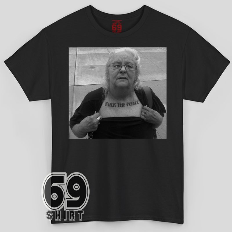 Vintage-style graphic of elderly woman lifting shirt collar to reveal bold protest tattoo across chest, reading “F** the Police”; humorous and rebellious streetwear design.*