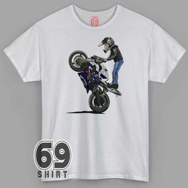 Illustrated stunt rider doing a wheelie on a sports bike, wearing a helmet and hoodie, with a dynamic pose on a white background.