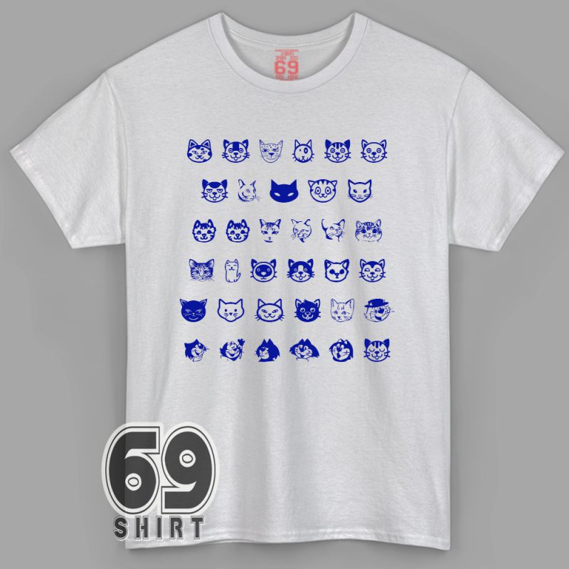 White t-shirt featuring a grid of hand-drawn blue cat faces, each with a different expression, arranged in neat rows.