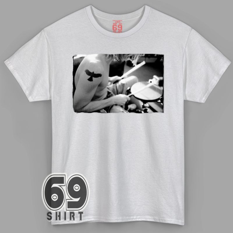 Taylor Hawkins inspired black-and-white drummer performance graphic on t-shirt