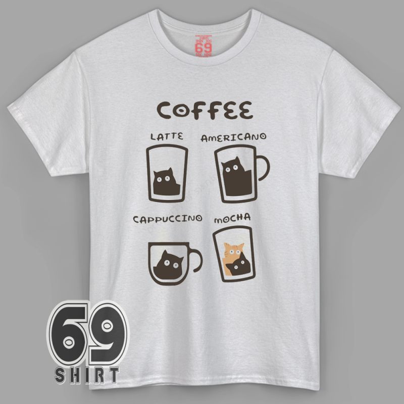 Funny cat coffee drinks graphic tee – latte, americano, cappuccino, mocha design
