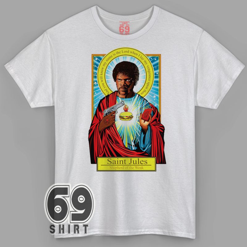 Saint Jules parody shirt – Pulp Fiction meme t-shirt with burger and gun
