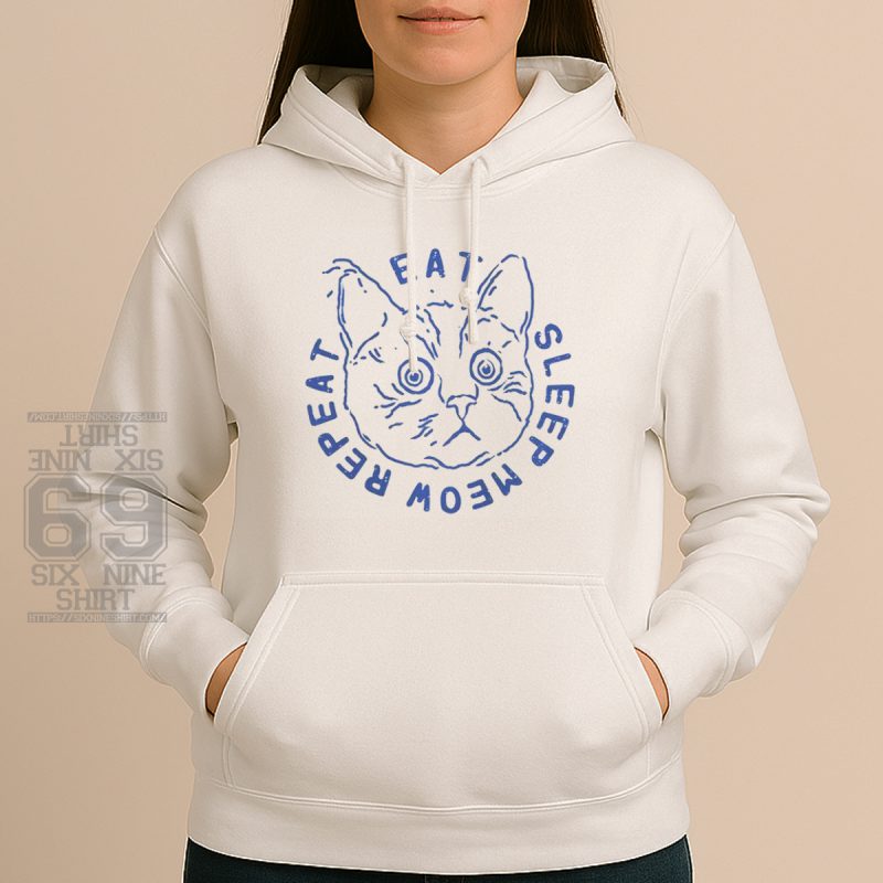Graphic hoodie with cat face and slogan Eat Sleep Meow Repeat