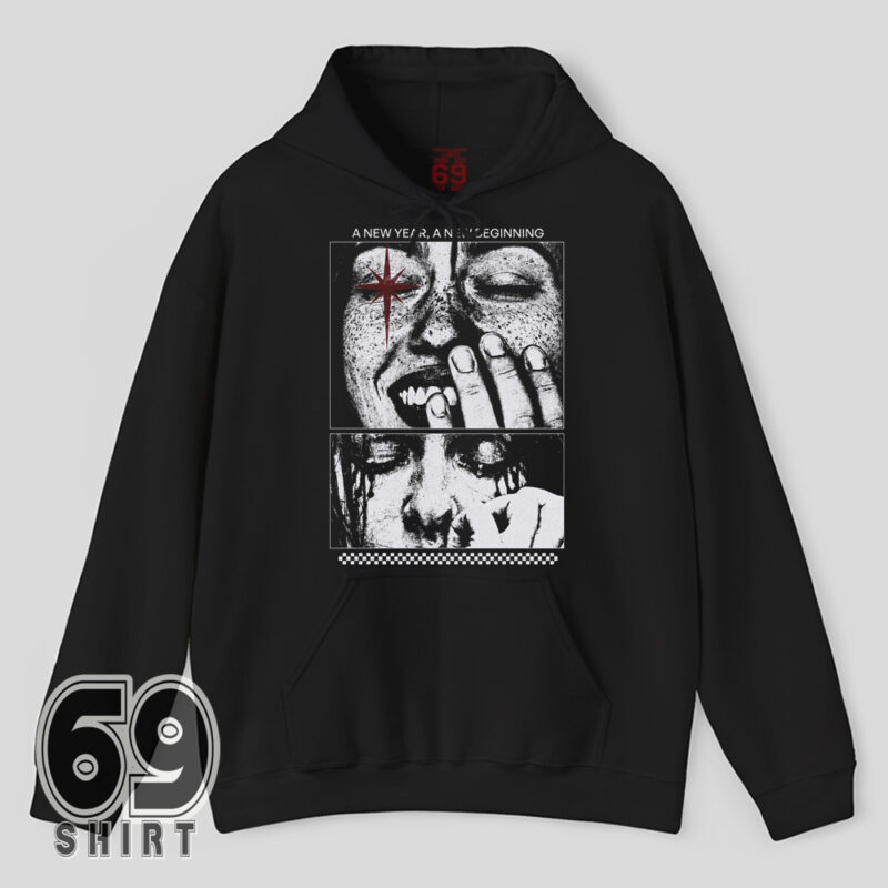 Casual Hoodie Black and white halftone photo graphic with red star and text A New Year A New Beginning