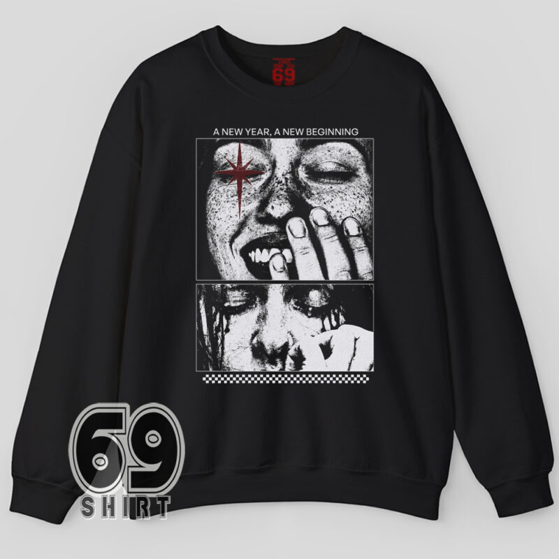 Black and white halftone photo graphic with red star and text A New Year A New Beginning Printed Sweatshirt