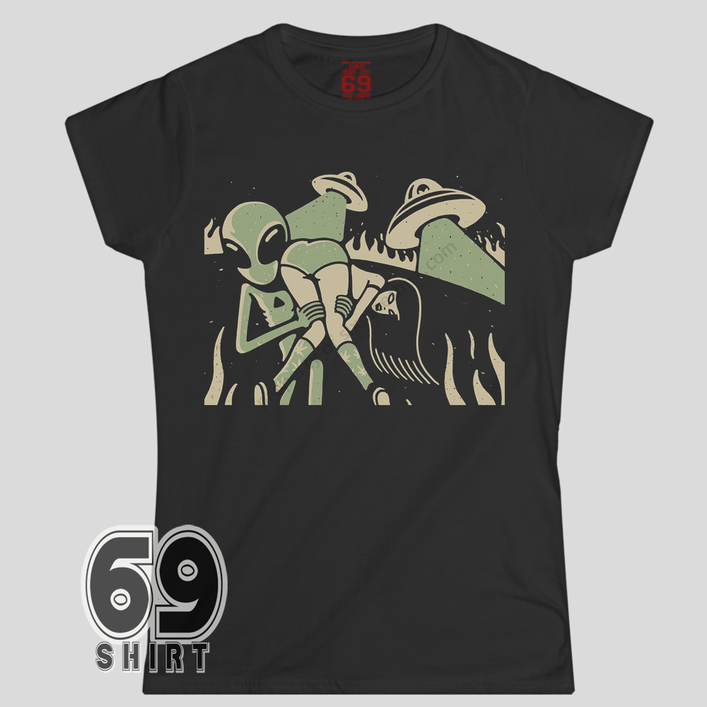 Alien Abduction Retro UFO Vintage Graphic Shirt Alien abduction graphic printed on women black t-shirt featuring UFOs and retro sci-fi illustration