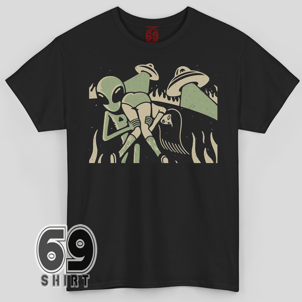 Alien Abduction Retro UFO Vintage Graphic T-Shirt Alien abduction graphic printed on black t-shirt featuring UFOs and retro sci-fi illustration