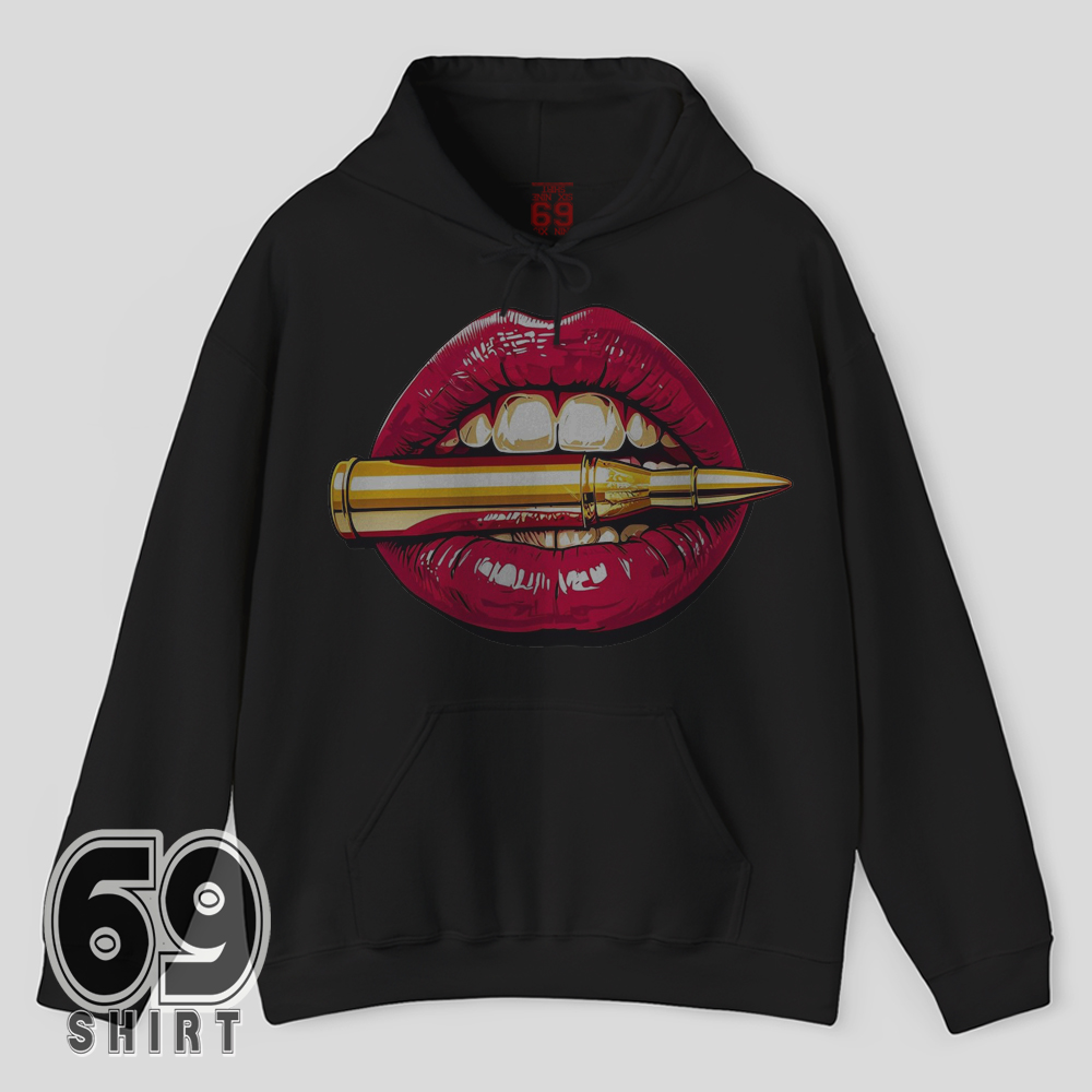 Bullet Lips Hoodie Bold Pop Art Graphic Design Red glossy lips holding a gold bullet pop art graphic on Hoodie