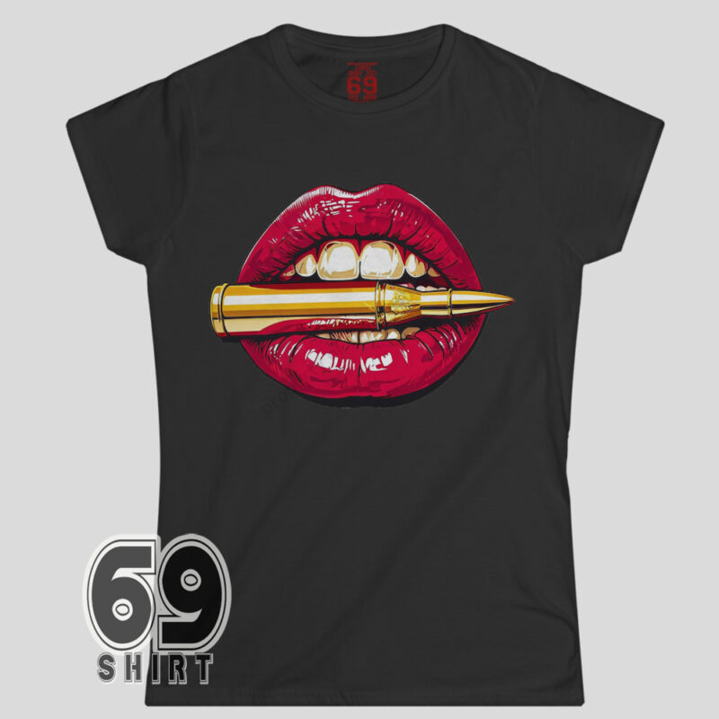 Red glossy lips holding a gold bullet pop art graphic on t-shirt
