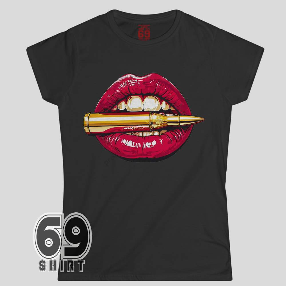 Bullet Lips Shirt Bold Pop Art Graphic Tee Red glossy lips holding a gold bullet pop art graphic on t-shirt