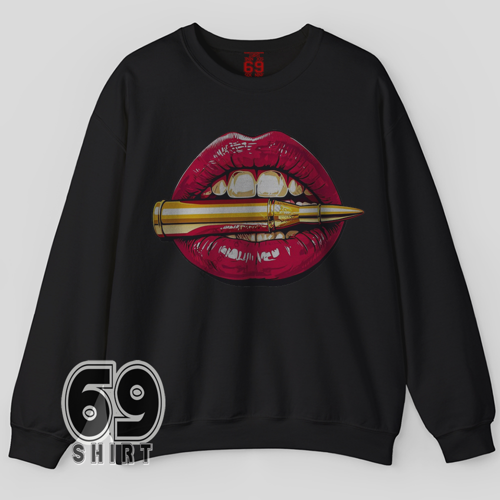 Bullet Lips Sweatshirt Bold Pop Art Graphic Design Red glossy lips holding a gold bullet pop art graphic on sweatshirt