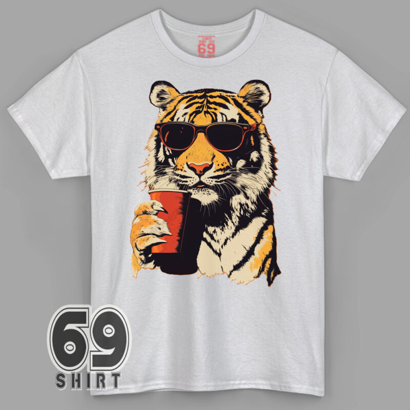 Cool tiger with sunglasses holding drink graphic T-shirt