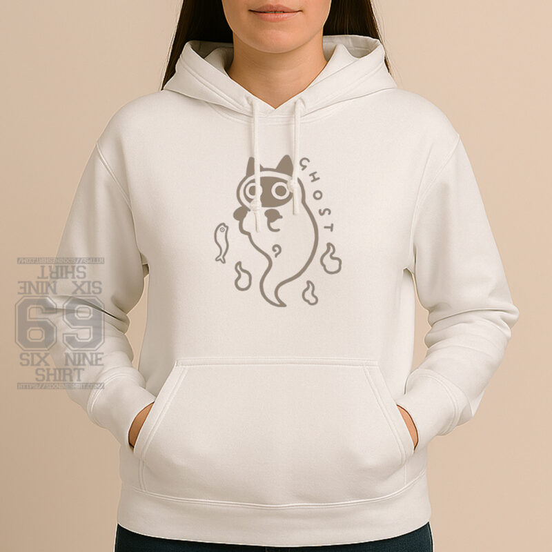 Funny Halloween ghost cat hoodie with fish and flames