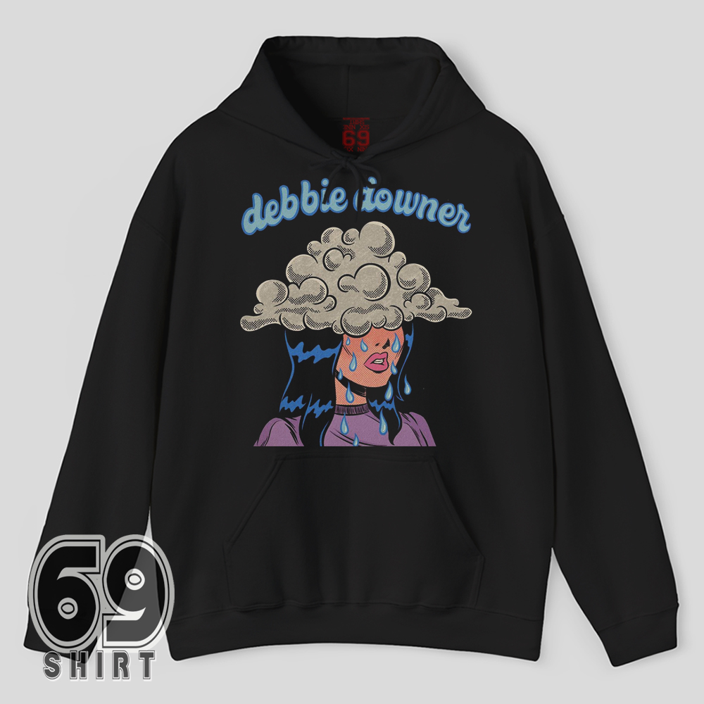 Debbie Downer Retro Comic Hoodie Moody Pop Art Sad Girl Graphic Design Debbie Downer hoodie featuring retro sad girl crying rain under storm cloud graphic