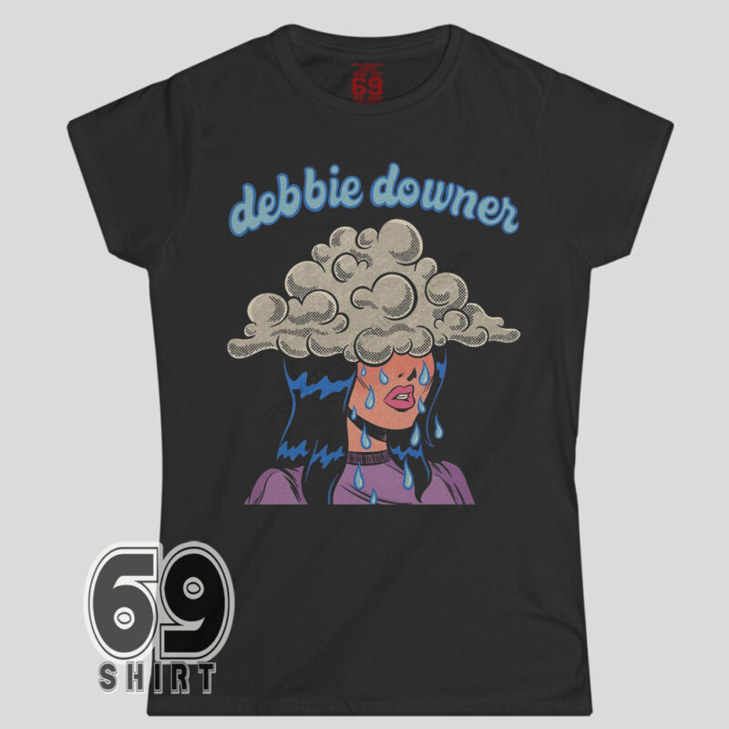 Debbie Downer graphic printed on black t-shirt with retro pop art sad girl crying under storm cloud
