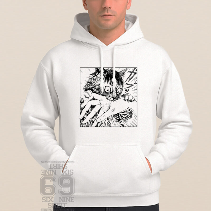 hoodie with Manga style cat biting hand funny graphic design