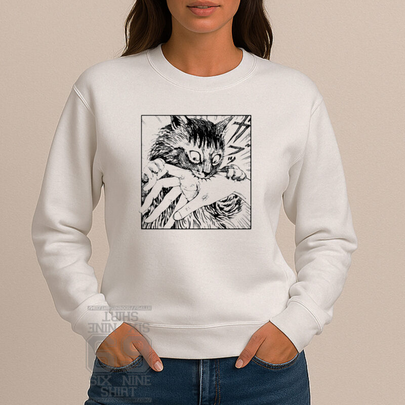 Manga style cat biting hand funny sweatshirt