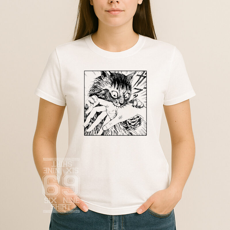 Manga style cat biting hand funny graphic t-shirt