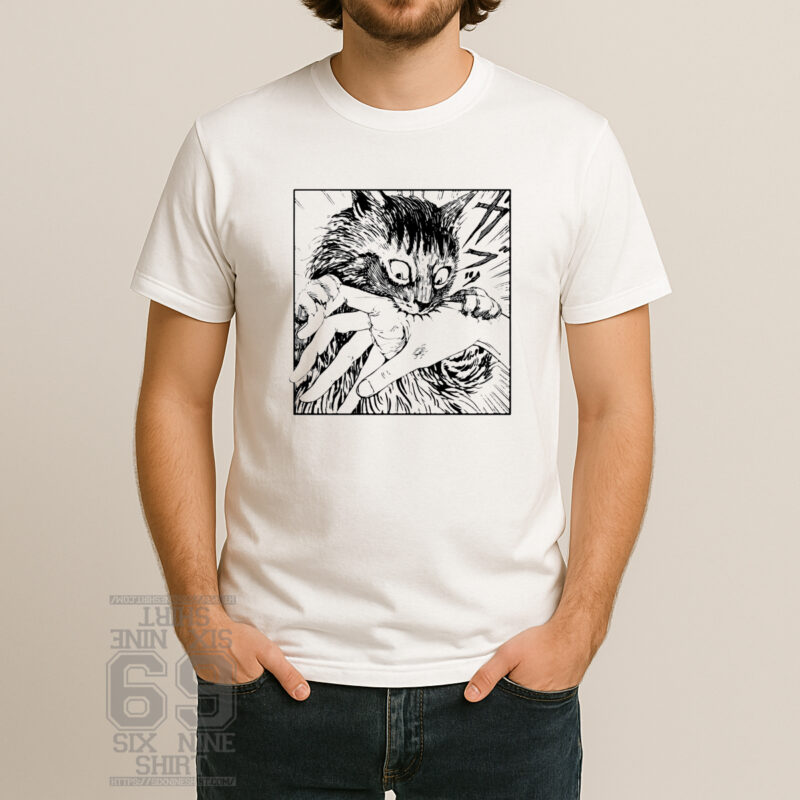 Manga style cat biting hand graphic design funny shirt
