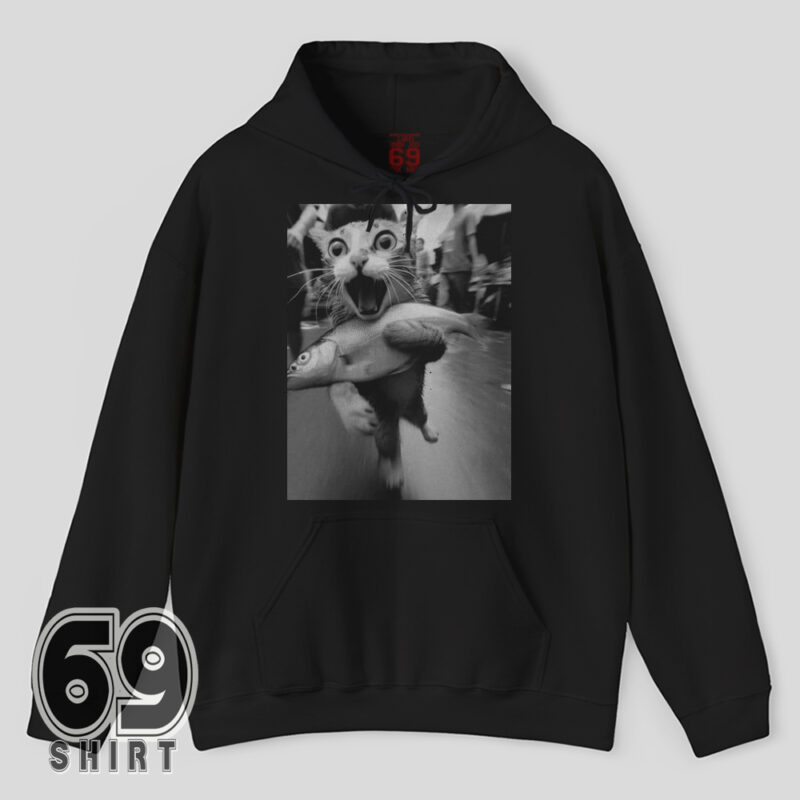 funny hoodie with cat stolen fish print