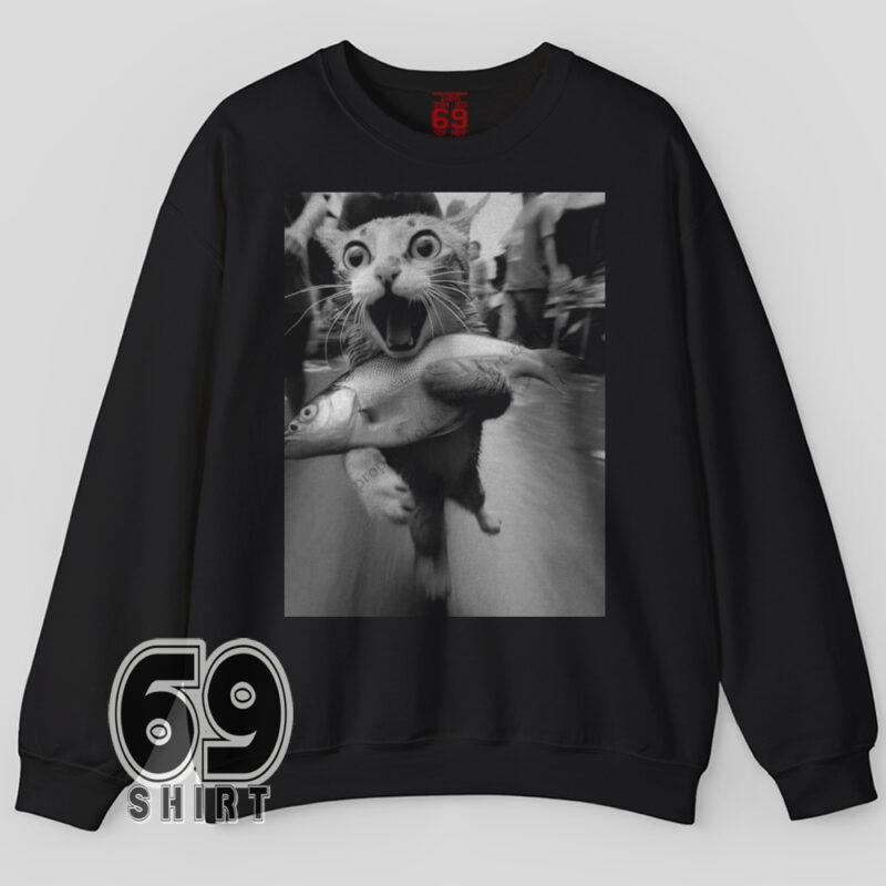 funny cat stolen fish graphic sweatshirt