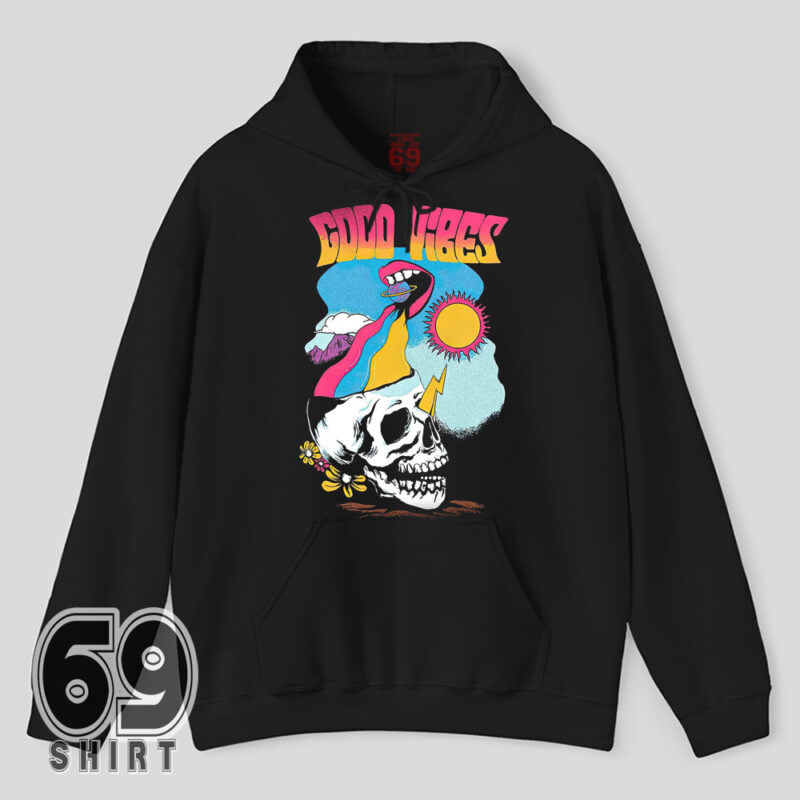 Good Vibes hoodie featuring psychedelic skull and rainbow tongue – groovy retro festival design