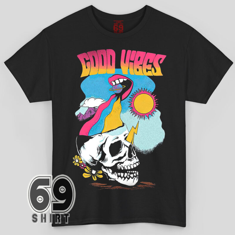 Good Vibes psychedelic skull graphic t-shirt – vibrant trippy design with rainbow, sun, and retro 70s aesthetic
