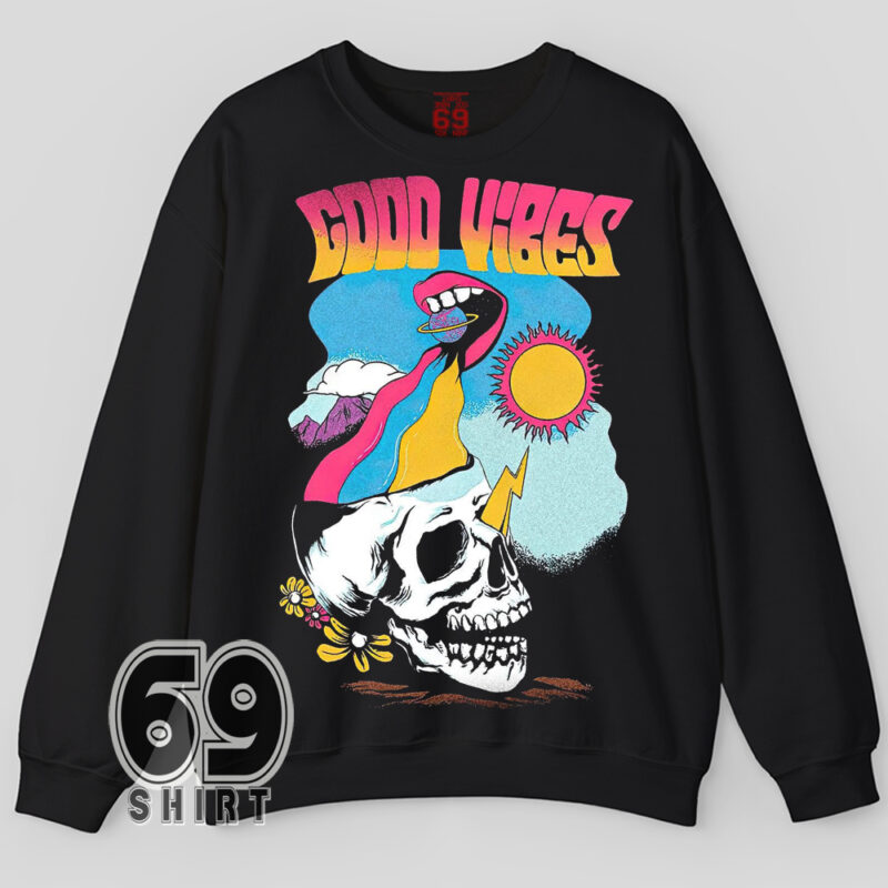 Psychedelic Good Vibes skull sweatshirt – colorful trippy retro graphic with sun and rainbow flow