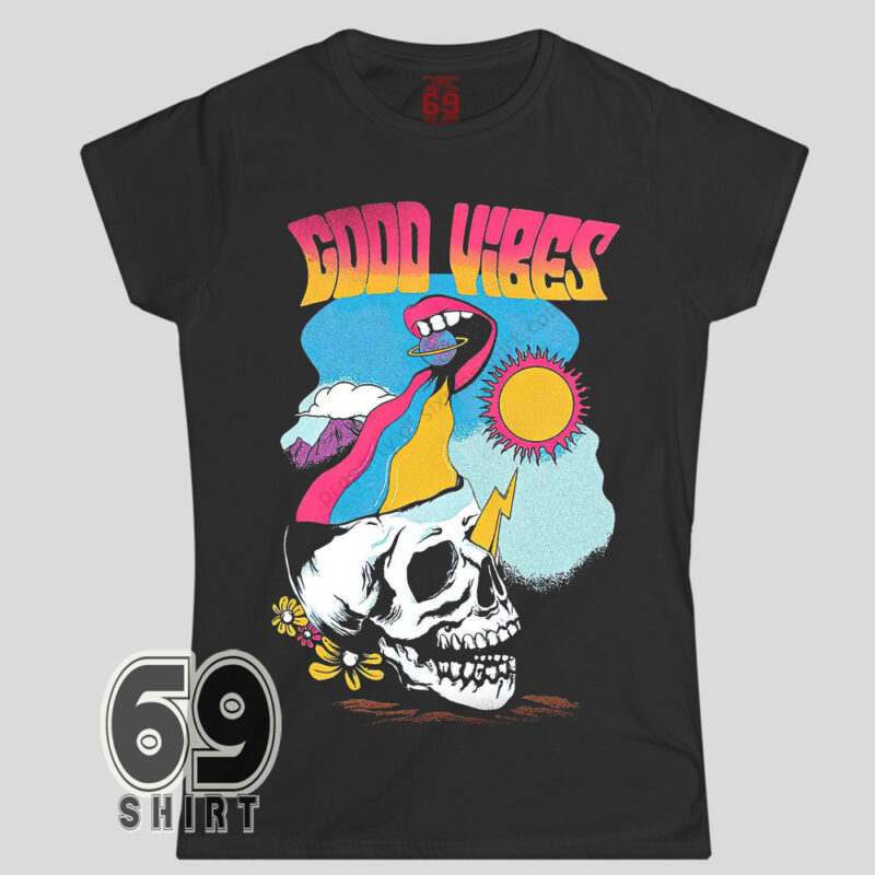 Good Vibes Psychedelic Skull Graphic T-shirt For Women
