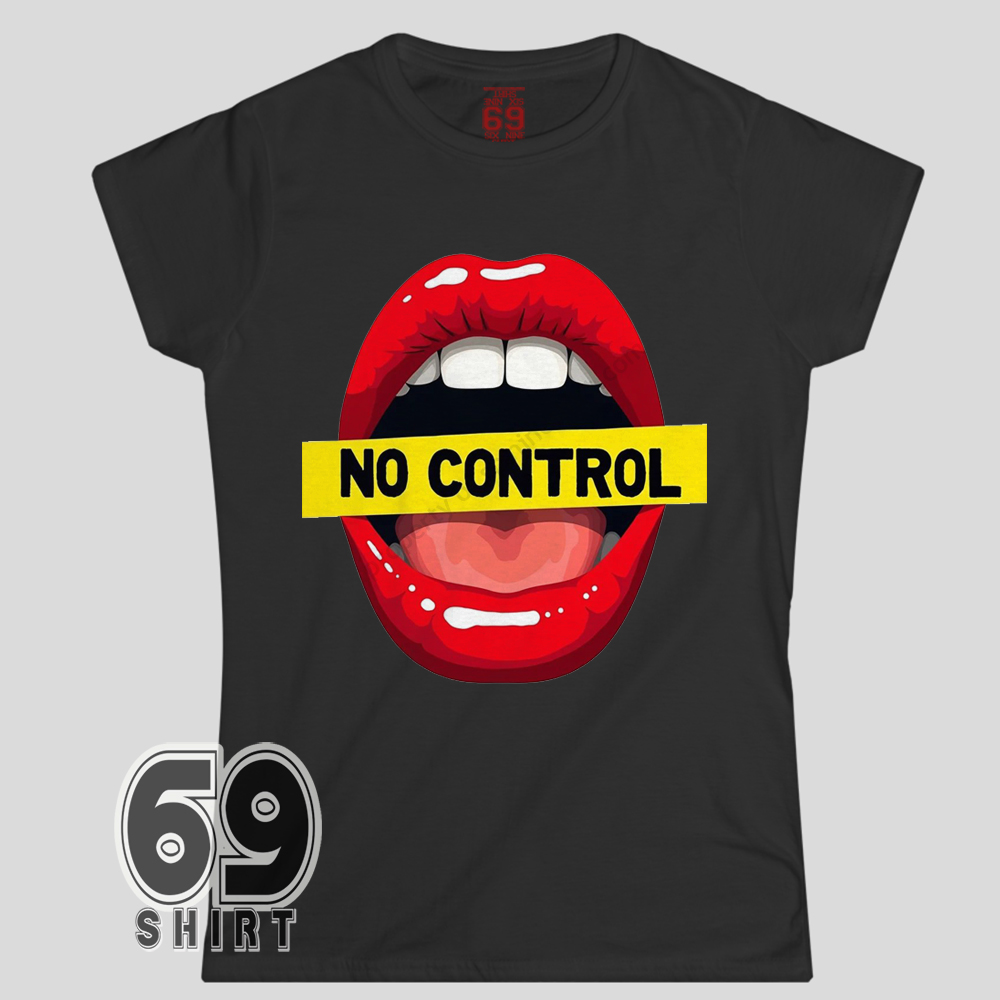 No Control Shirt Bold Pop Art Lips Graphic Tee Pop art red lips graphic with No Control text across mouth on women t-shirt