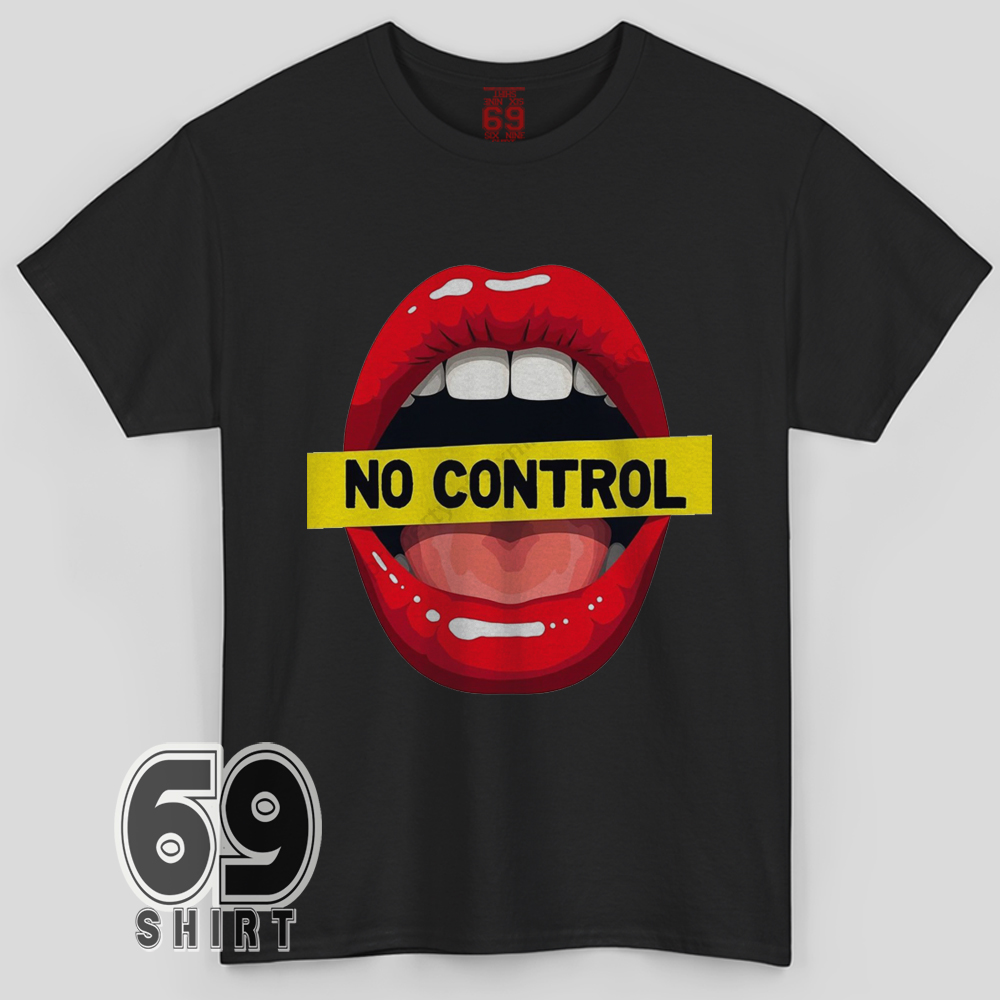 No Control T-Shirt Bold Pop Art Lips Graphic Tee Pop art red lips graphic with No Control text across mouth on t-shirt