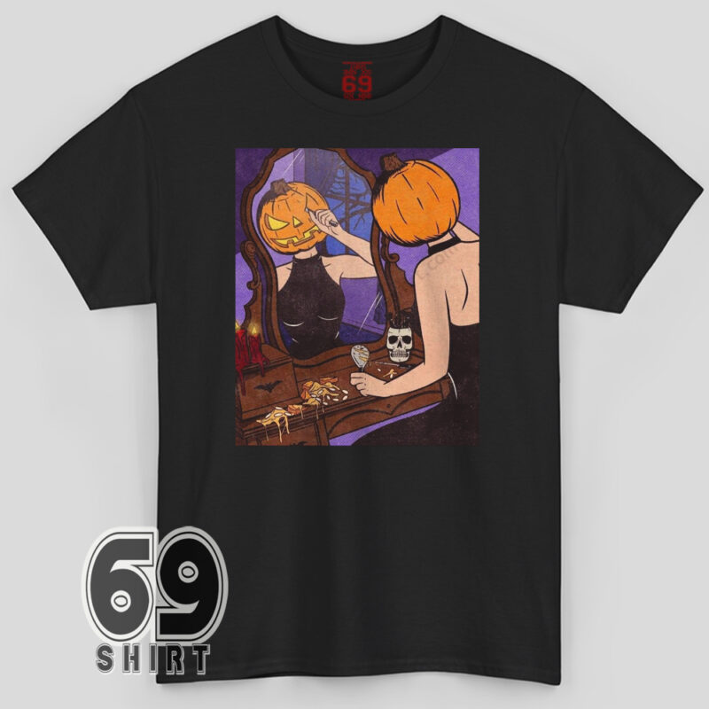Pumpkin head girl looking in mirror Halloween shirt
