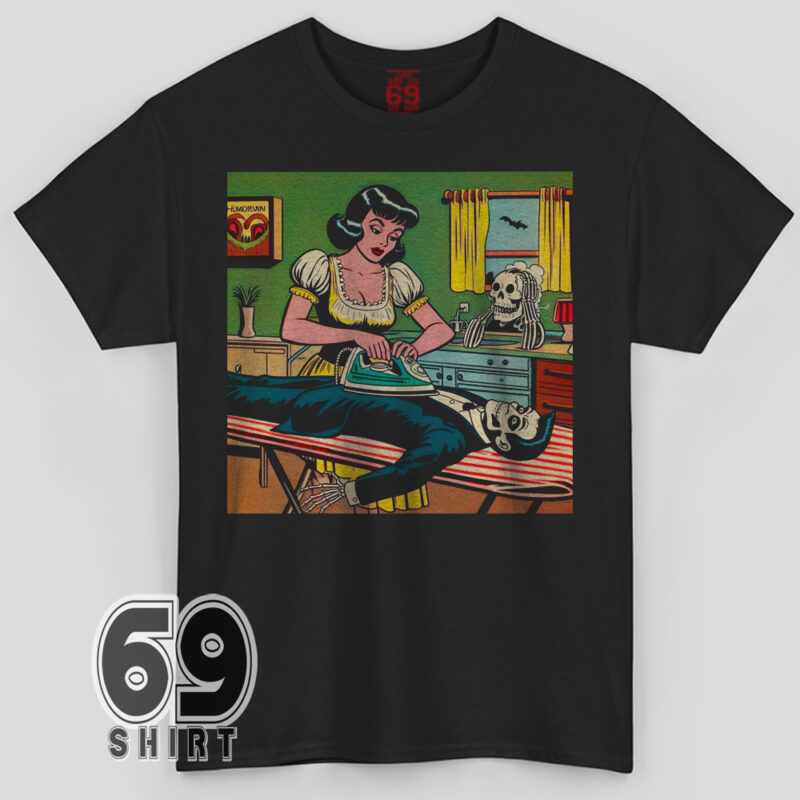 Retro pop art housewife ironing skeleton husband t-shirt