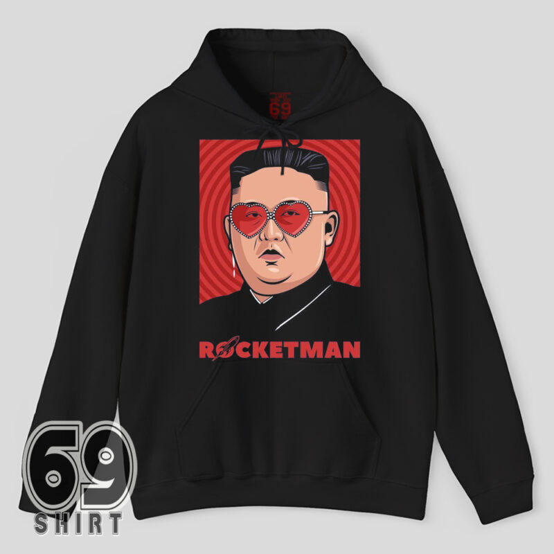 Retro pop art Rocketman parody hoodie featuring heart sunglasses design for bold streetwear look