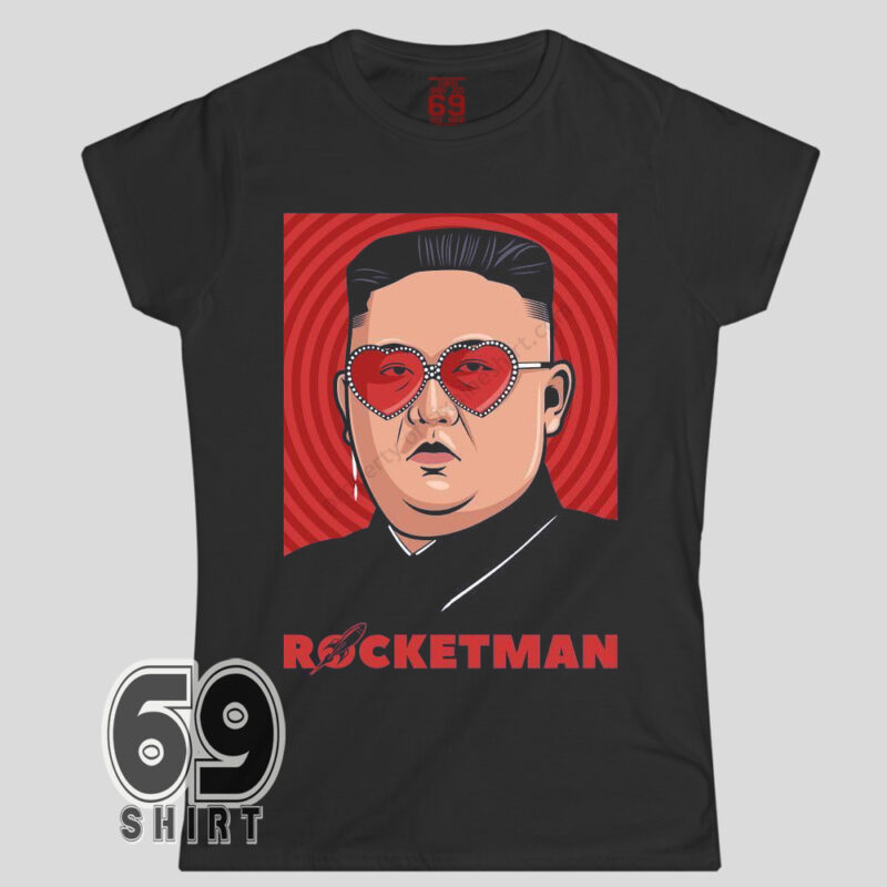 Rocketman parody kimjongun t-shirt featuring cartoon man with heart-shaped sunglasses and red pop art background