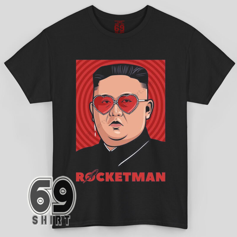 Rocketman parody t-shirt featuring cartoon man with heart-shaped sunglasses and red pop art background